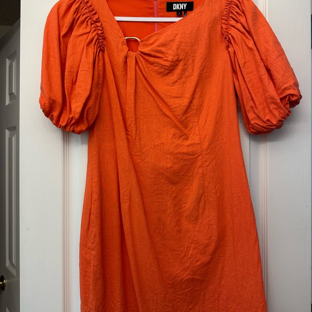 DKNY linen blend Orange Ruched Mini Sundress with Puff Sleeves